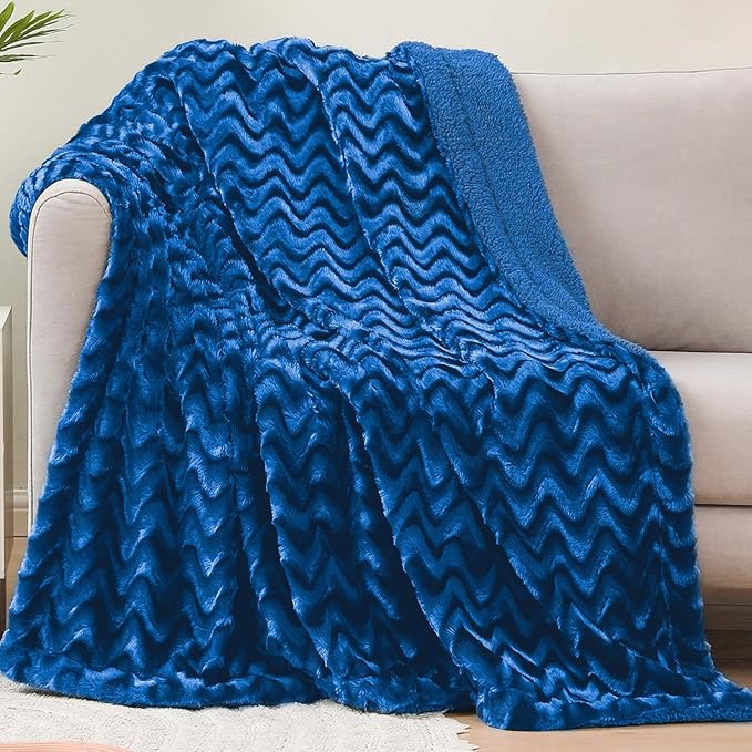 Whale Flotilla Faux Fur Sherpa Throw Blanket for Couch Sofa, Cozy Reversible Fuzzy Fluffy Plush Throws for All Season, Warm and Soft, 50x60 Inch, Royal Blue