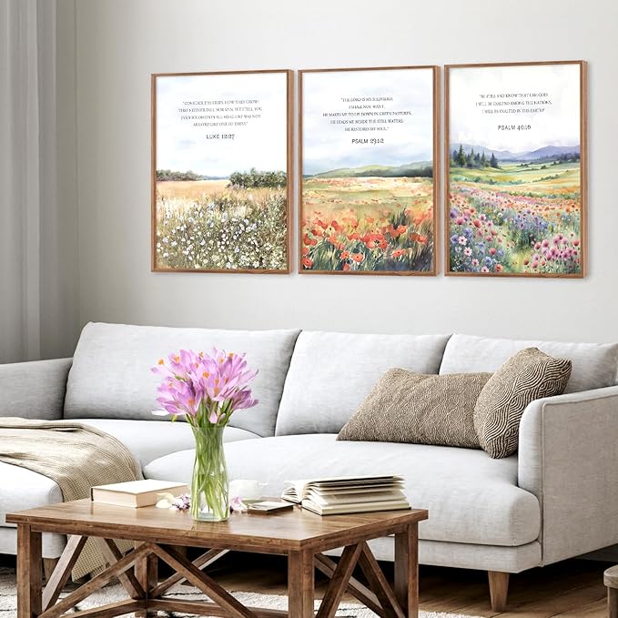 CHDITB Biblical Verses Floral Framed Canvas Wall Art Set Of 3, Inspirational Wall Decor, Scripture Inspired Landscape Painting, Nature Flower Art Prints For Living Room Bedroom Decor (12X16 Inch)