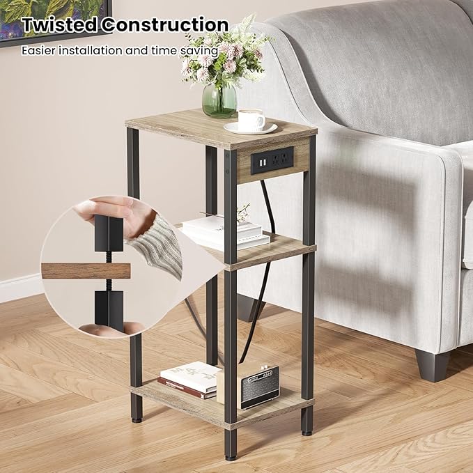 Tall End Table with Charging Station and USB Ports, 3 Tier Narrow Tall Bedside Table with Storage, Slim Nightstand with Outlets for Bedroom, Living Room, Office, Greige