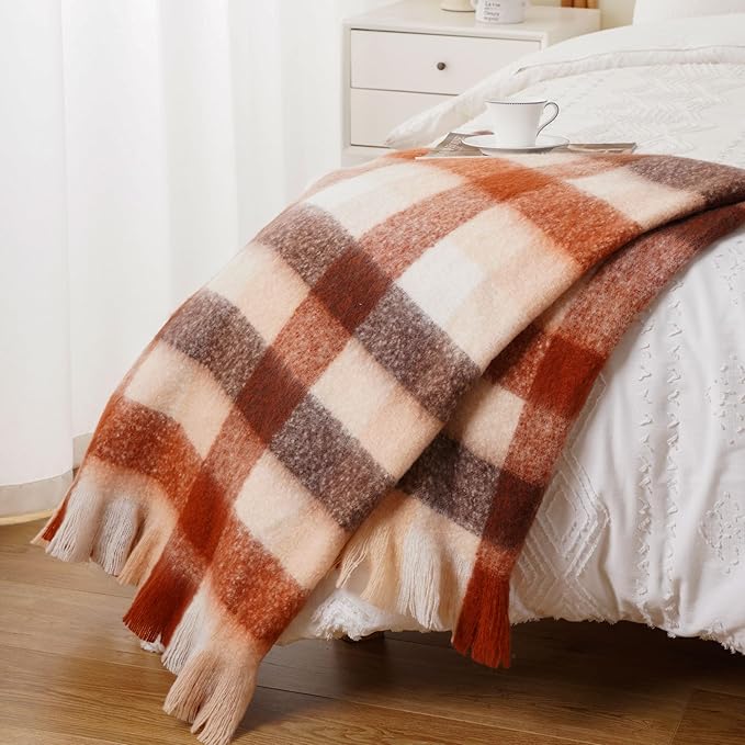 BATTILO Rust Plaid Throw Blanket for Couch Bed, Soft Mohair Tartan Plaid Blanket, Farmhouse Style Checkered Pattern, Fall Throw Blankets for Home Decor(50"x60")