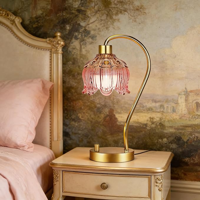 Pink Table Lamp Set of 2,Small Gold Bedside Lamps Dimmable Boho Bedroom Lamp with Tulip Flower Glass Lamp Shade,Vintage Mid Century Modern Mini Nightstand Lamp for Bedroom Living Room