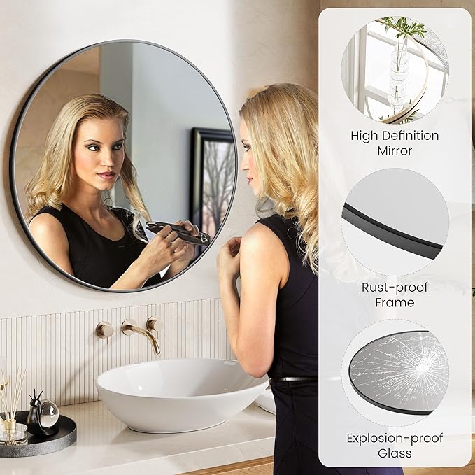 IDEALHOUSE 30Inch Black Round Wall Mirror, Circle Mirror Metal Frame for Bathroom, Vanity, Entryway, Bedroom, Living Room, Wall Mounted Modern Rustic Decor