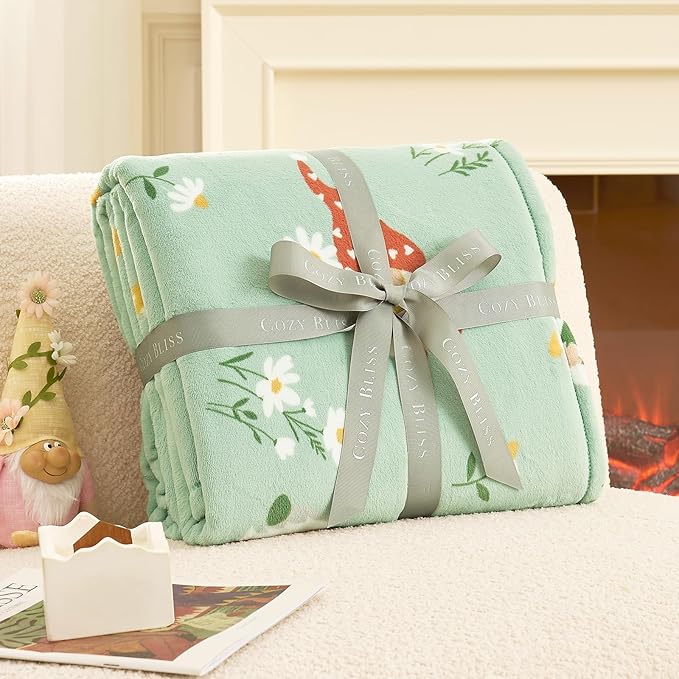 Cozy Bliss Gnome Spring Throw Blanket - Garden Daisy Floral Design, Warm MilkyPlush Throw Blankets, Ultra Soft Cozy Blankets for Couch, Sofa and Bed, Green, 50X60inches