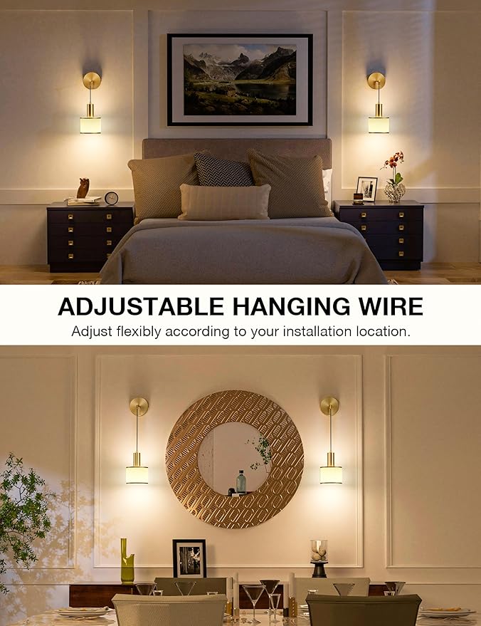 NIORSUN Battery Operated Wall Sconce Set of 2, Gold & Off-White Wireless Rechargeable Wall Lights with 5200mAh Dimmable Detachable Bulbs and Remote, 9 Colors Sconces Wall Decor for Bedroom Living Room