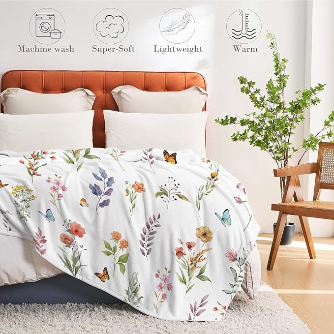 Floral Flower Throw Blanket Botanical Plant Throw Blankets Colorful Flannel Fleece Throw Blankets Watercolor Butterfly Cozy Fuzzy Plush Blanket for Bed Chair Couch 60" X 80"