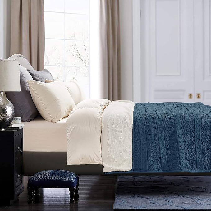 Longhui bedding Acrylic Cable Knit Sherpa Throw Blanket - Thick, Soft, Big, Cozy Grey Blue Knitted Fleece Blankets for Couch, Sofa, Bed - Large 50 x 63 Inches Gray Blue Coverlet All Season