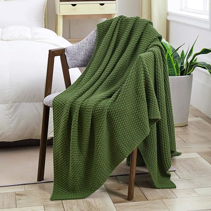 Longhui bedding Olive Green Knitted Throw Blanket for Couch, Soft, Cozy Machine Washable 100% Cotton Sofa Knit Blankets, Heavy 3.0lb Weight, 51 x 63 Inches, Green Color.