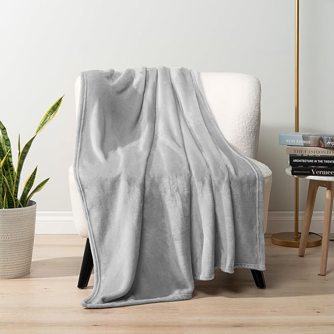 PAVILIA Light Grey Fleece Bed Blanket Queen Size, Silver Super Soft Fuzzy Flannel Throw for Couch Sofa, Luxury Plush Microfiber Large Throw Blanket Queen Bed, Home Cozy Velvet Gift Blanket, 90x90