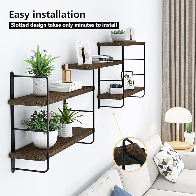 Wall Shelves, Wall Mounted Bookshelves, DIY Floating Shelves for Wall, Wood Hanging Book Shelves for Room, Bedroom, Living Room, Easy Installation (Brown, 50W x 17H)