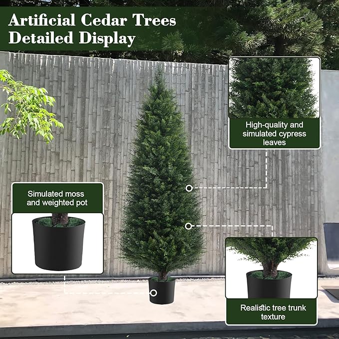 Two 5ft Artificial Plants Topairy Faux Cedar Trees for Outdoor Planters, 60IN Tall Fake Pine Bushes UV Resistant Large Potted Shrubs for Front Porch Décor