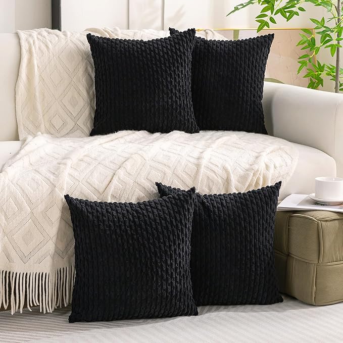 Set of 4 Black Decorative Throw Pillow Covers 20x20 Inch Corduroy Pillow Covers for Bed Couch Sofa Living Room Soft Square Cushion Cases