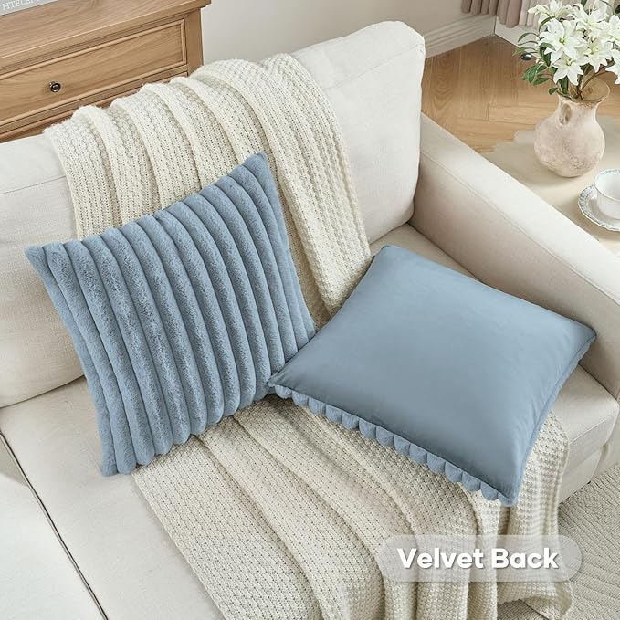 FUTEI Dusty Blue Decorative Throw Pillow Covers Set of 2, 24x24 Inch Soft Fluffy Faux Fur Plush Striped European Cushion Cases, Modern Home Decor for Couch Bed Living Room