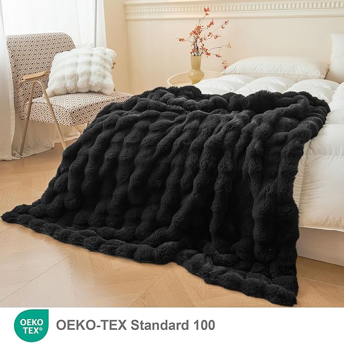 LIFEREVO Luxury Fluffy Faux Rabbit Fur Throw, Plush Fuzzy Bubble Blanket for Couch Sofa, Soft Cute Furry Bed Blanket Home Decoration, Shaggy Lap Throw for Bedroom Living Room Office, 50x60, Black