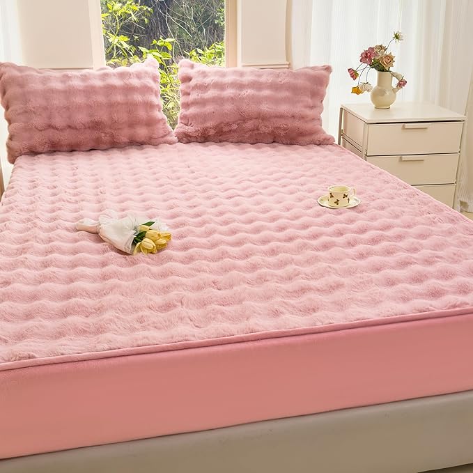 H&D Bedding King Sheet Set 3 Piece Bed Sheets for King Size Bed, Luxury Soft and Breathable Faux Fur, Includes 1 Comfy Bubble Sheet, and 2 Pillowcases