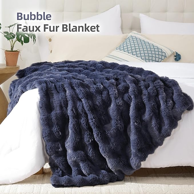 Smoofy Faux Fur Throw Blanket for Couch – Navy Blue Fluffy Cozy Rabbit Fleece, Plush Soft Bubble Blanket for Sofa & Bed, for Mom, Warm Fuzzy Home Room Decor Throw 60" x 80"