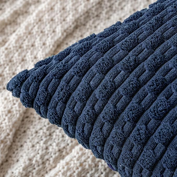 MIULEE Pack of 2 Decorative Throw Pillow Covers 20x20 Inch Soft Boho Striped Textured Corduroy Pillow Covers Modern Farmhouse Home Decor for Couch Bed Sofa Living Room Navy Blue