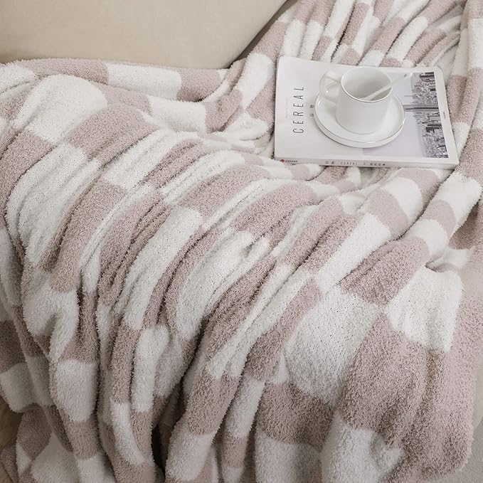 bearberry Fuzzy Checkerboard Grid Throw Blanket Knitted Soft Cozy Warm Microfiber Blanket Decor for Couch Sofa Bed Travel Home (Cream, 40''x50'')