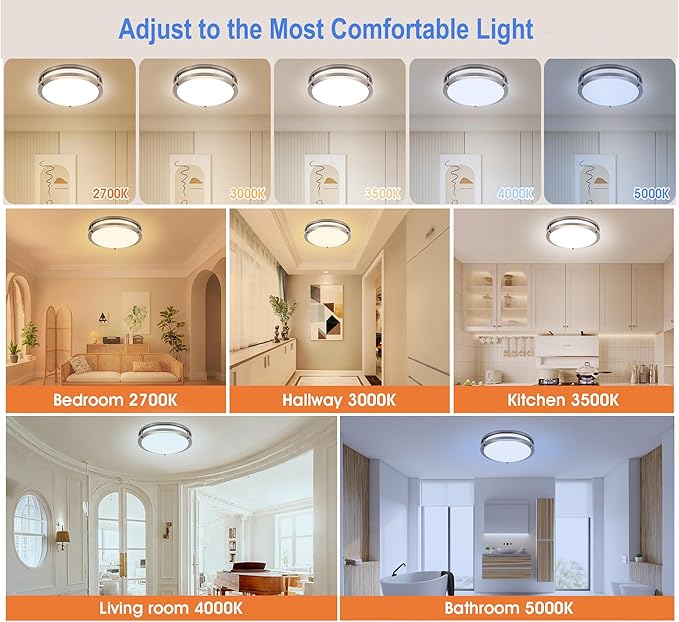 Drosbey 50W Dimmable LED Ceiling Light Fixture, Kitchen Light Fixtures, 13.2 inch Flush Mount Ceiling Lights for Bedroom, Bathroom, 2700K/3000K/3500K/4000K/5000K Selectable, Super Bright 5000LM