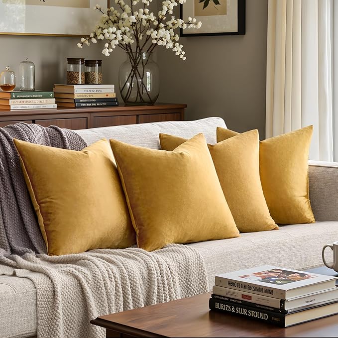 GIGIZAZA Velvet Pillow Covers 18x18: Pack of 4 Soft Throw Pillows Square Decorative Covers - Golden Solid Luxury Couch Cushion Covers for Living Room,Bedroom,Sofa,Room Decor