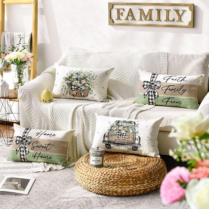 AVOIN colorlife Home Sweet Home Farmhouse Eucalyptus Leaves Throw Pillow Covers, 12 x 20 Inch Truck Stripes Buffalo Plaid Cushion Case Decorations Set of 4