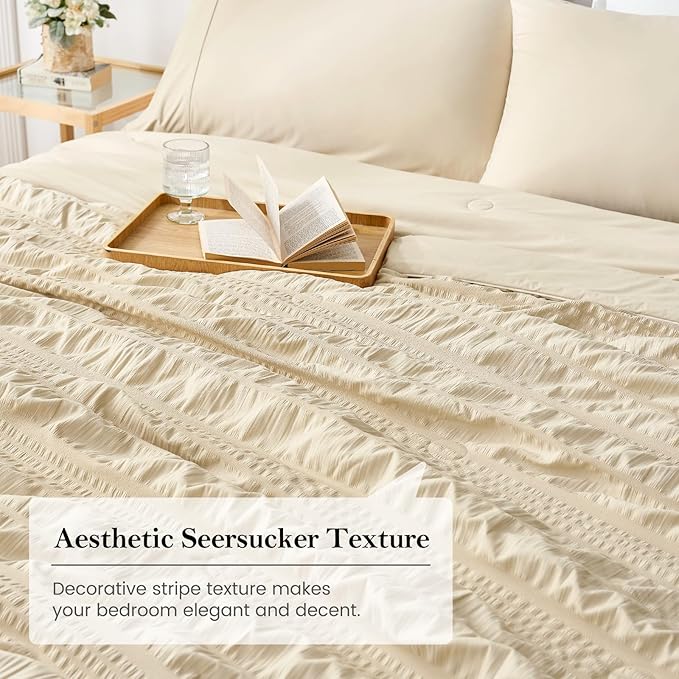 Cozy Bliss Striped Seersucker Cooling Comforter King Size, Lightweight Airflow Silky Cooling Bedding with Q-Max>0.45 for Bedroom, Home Decor, Hot Sleepers & Night Sweats, Khaki 106"×90"