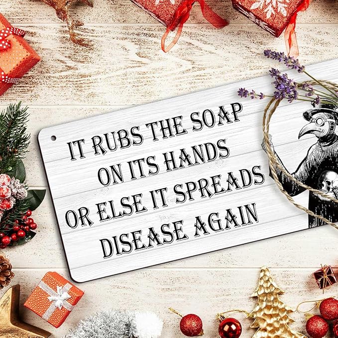 Gothic Bathroom Decor, Funny Bathroom Signs - Bathroom Wall Art for Goth Room Plague Doctor Decor, Dark Academia Decorations - Plague Doctor Wash Your Hands Sign 6x12 Inch