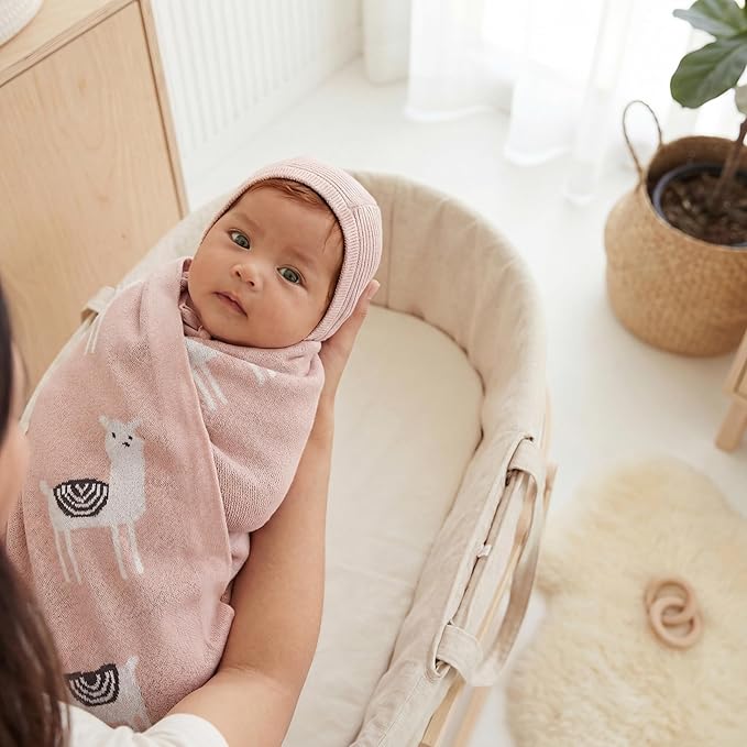 Knit Swaddling Baby Blanket - 100% Fine Loomed Cotton Cozy Receiving Cuddle Stroller Crib Swaddling Stroller Swaddle Quilt Blanket for Newborns Infants Toddler Boys and Girls (Llama - Pink)