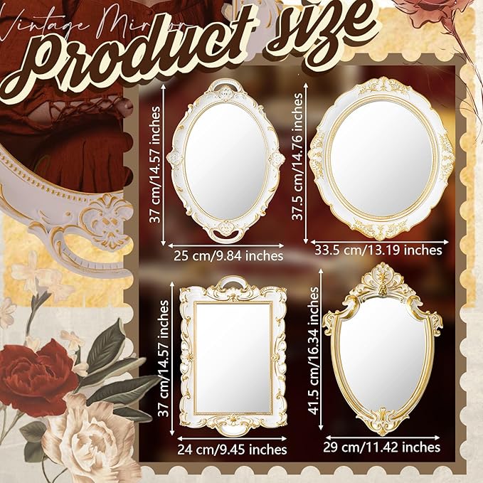4 Pcs Vintage Gold Mirrors Set Including Small Oval Wall Mirror Antique Shield Shape Square Decorative Mirror Dresser Mirrored Tray for Bedroom Wedding Victorian Decor (Elegant,White)