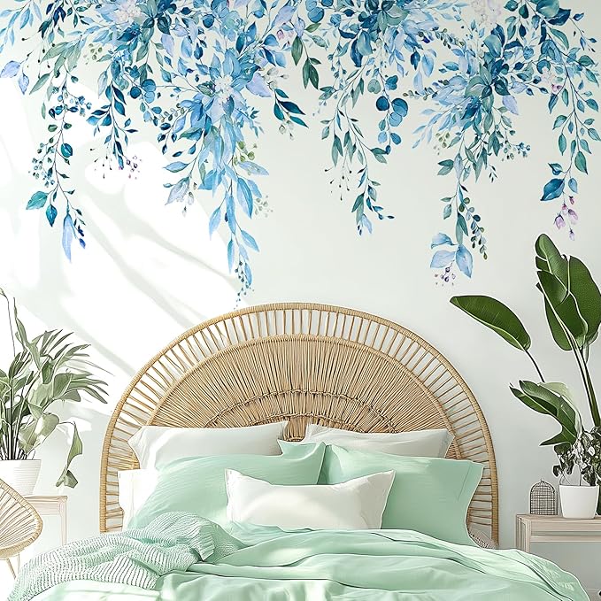 Blue Plants Leaves Wall Decals Peel and Stick, Large Floral Flowers Vinyl Wall Stickers, Removable Vine Home Decor Art for Bedroom Living Room Classroom Office