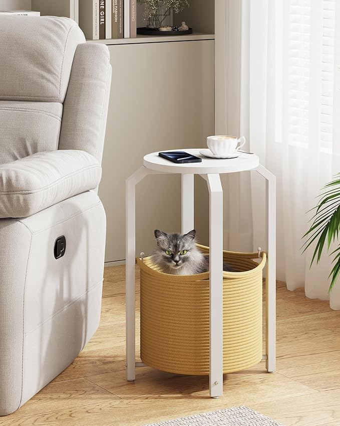 TUTOTAK Small Side Table, Round End Table, Night Stand, Bedside Table, Set of 2, Sofa Table with Storage Basket, Living Room, Bed Room, White and Beige TB01BWN0922