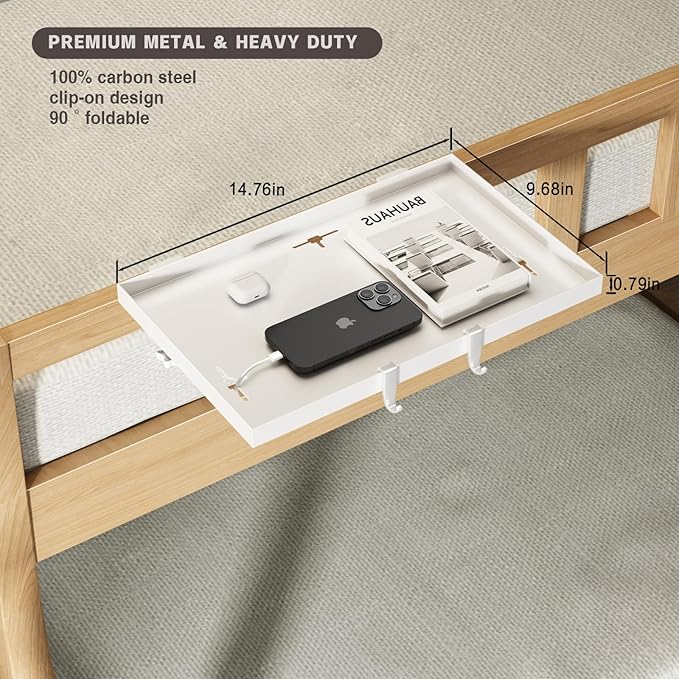 Foldable Bedside Shelf, Metal Clip-On Bunk Bed Table Shelf for Top Bunk Heavy Duty Bed Side Table Tray for College Dorm Room Essentials, Loft Nightstand Organizer Tray with 3 Cord Hole(White)