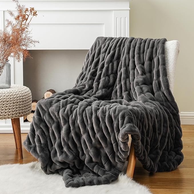 BATTILO HOME Luxury Grey Faux Fur Throw Blanket, Double Side Ruched Rabbit Fur Blanket for Couch, Bed, Cozy Soft Warm Blanket, 60x80 Inches