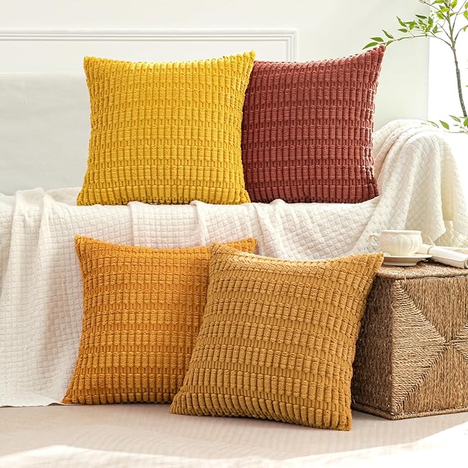 MIULEE Pack of 4 Fall Boho Farmhouse Orange Yellow Corduroy Decorative Throw Pillow Covers 18x18 Inch Soft Striped Pillow Covers Modern Rustic Home Decor for Sofa Living Room Couch Bed