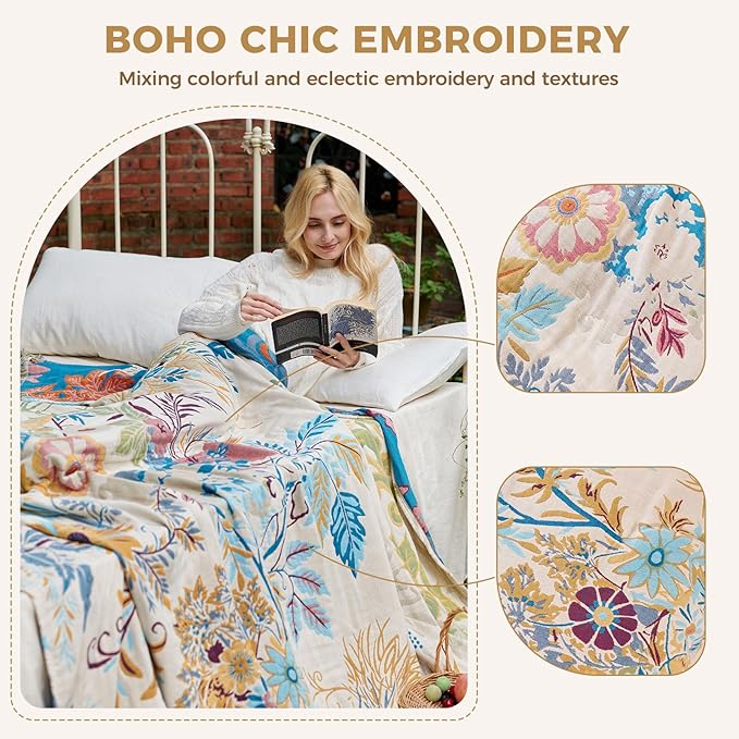 Boho Throw Blanket for Couch Sofa Chair Cotton Spring Blankets for Bedroom Living Room All Season Soft Lightweight Reversible Floral Embroidery Decorative Throws 50"x60" Home Decor