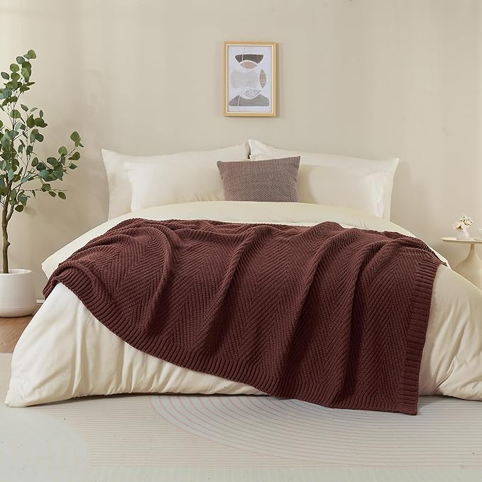 Knitted Throw Blanket 50"X60", Brown Knit Throws for Bed, Super Soft Boho Chevron Blankets for Couch Sofa Chair Room Decor, Textured Decorative Farmhouse Cozy Lightweight