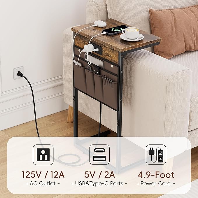 Vagusicc C Shaped End Table with Charging Station, 28" Tall Side Table for Couch, Sofa Table Small Couch Side Coffee Tables, Slide Under Sofa TV Tray Arm C Table for Living Room, Bedroom, Bedside