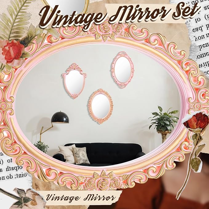 3 Styles Vintage Mirrors Set Decorative Oval Wall Mirror Small Antique Mirrored Tray Decorative Retro Hanging Mirror for Bathroom Bedroom Jewelry Organizer Victorian Decor(Pink)