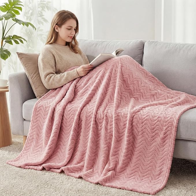 Exclusivo Mezcla Queen Blanket for Bed, Cozy Lightweight Fleece Blankets for All Season, Decorative Giftable Fuzzy Plush Wave Textured Suitable for Women, Men, Pink, 90x90 Inches