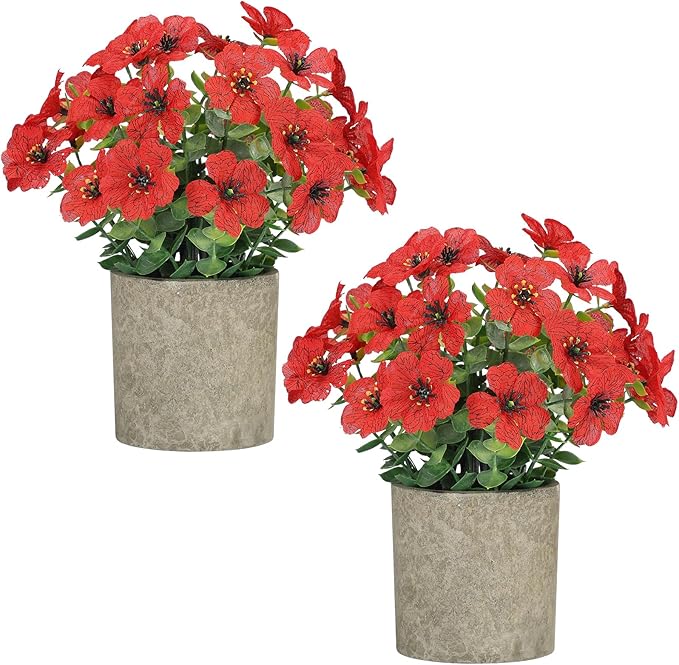 2 Pack Small Fake Plants Potted Artificial Plants Artificial Flowers Potted Faux Flower Daisy with Eucalyptus Leaves for Home Decor Office Room Farmhouse Indoor Table Bathroom Decor（Red）