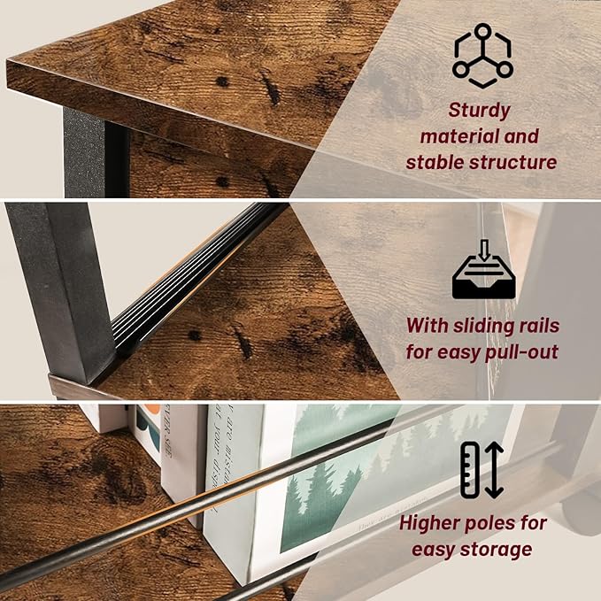 Sofa Side Table Narrow End Table (1PC) - Rustic Brown & Black Two-Tone, Side Table with Charging Station (1 AC + 2 USB) & Storage Drawer, 4 Wheels Mobile Nightstand for Bedroom Living Room