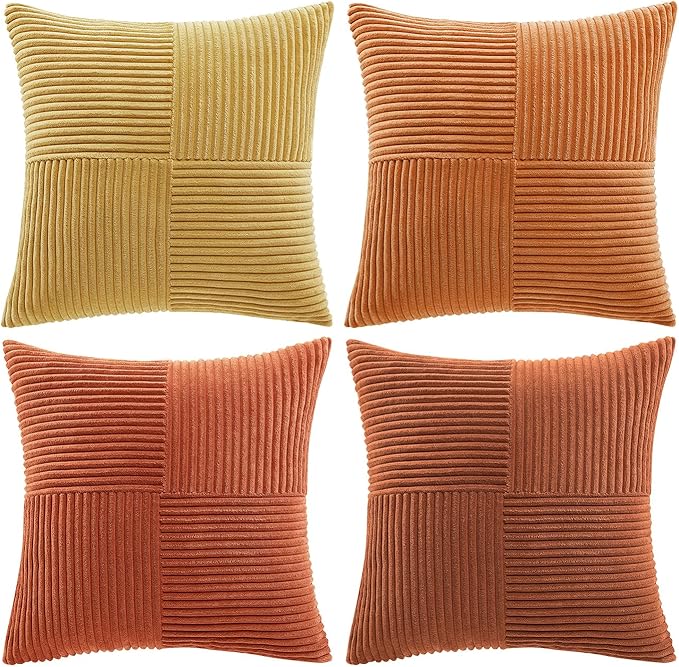 Fancy Homi Set of 4 Boho Fall Decorative Throw Pillow Covers 16x16 Inch for Couch Bed Sofa Bedroom, Modern Farmhouse Home Decor, Soft Cross Striped Corduroy Patchwork Colorful Cushion Case 40x40cm