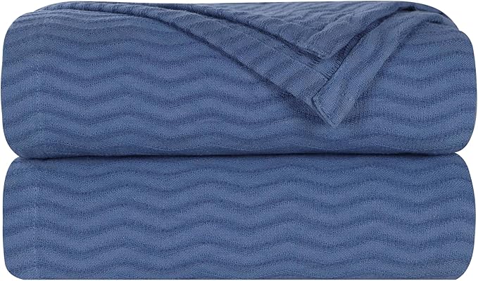 Superior JENA Cotton Blanket Picnic, Beach, Traveling or Camping, Bedroom Decor, Essentials, Cover for Bed, Couch, Lounging, Textured Jacquard, Modern Chevron Woven Blanket, Full/Queen, Merritt Blue