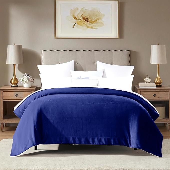 Mocassi Premium Ultra-Soft Flannel Fleece Sherpa Throw Blanket - Warm Cozy Reversible Plush Micromink Blanket for Couch, Bed and Sofa - Fluffy, Christmas Winter Bedding Gift, Queen, Royal Blue