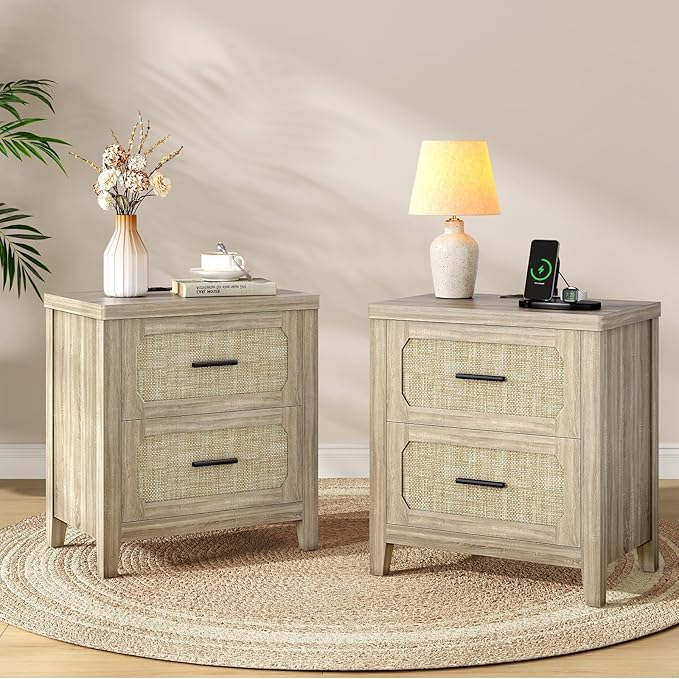 Rattan Nightstand Set of 2 with Charging Station, 22'' Wide Bedside Table with 2 Storage Drawers & Metal Handle, Boho Night Stand End Side Table for Bedroom, Grey Oak