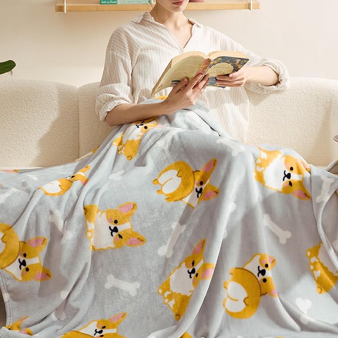 Bedsure Cute Dog Blanket for Kids as Birthday Gifts - Corgi Gifts for Corgi Lovers Girls Boys Women Teens, GentleSoft Cozy Home Decor Animal Pattern Blankets for Couch Sofa Bed Camping, Grey, 50x60