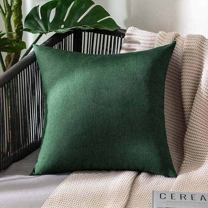 MIULEE Pack of 2 Decorative Outdoor Solid Waterproof Throw Pillow Covers Faux Linen Garden Farmhouse Cushion Cases for Patio Tent Balcony Couch Sofa 18x18 Inch Emerald Green
