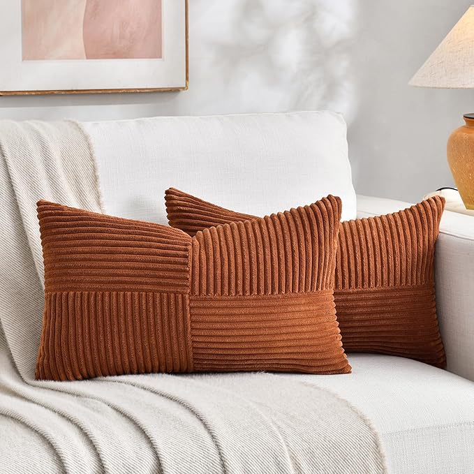 Fancy Homi 2 Packs Rust Long Lumbar Decorative Throw Pillow Covers 12x24 Inch for Couch Bed Sofa, Farmhouse Boho Home Decor, Soft Corduroy Patchwork Rectangle Terracotta Cushion Case 30x60 cm