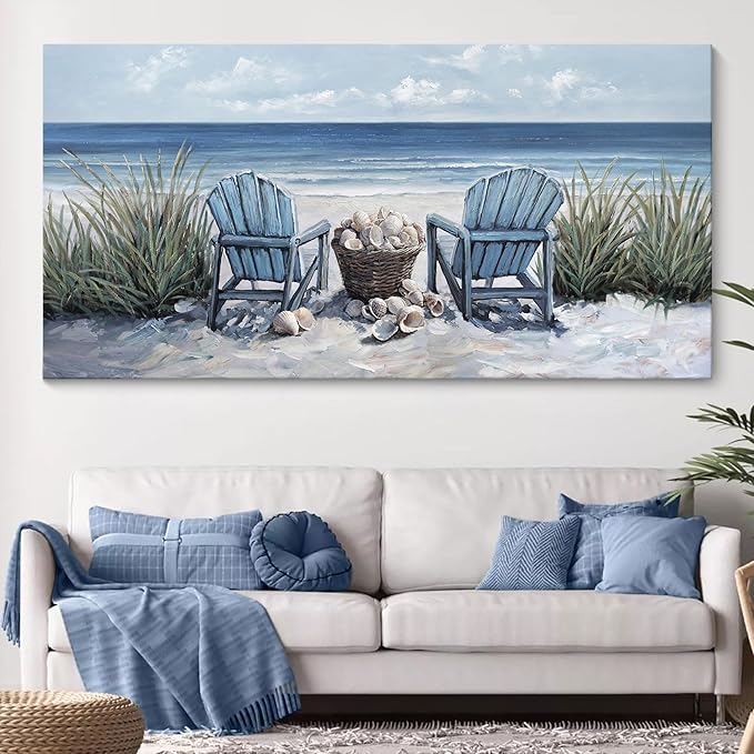 HGUAOA Coastal Wall Art - Large Landscape Wall Paintings for Living Room, Bedroom Pictures, Ocean Beach Artwork, Blue Wall Art, Above Bed Decor, Coastal Landscape Beach Pinting