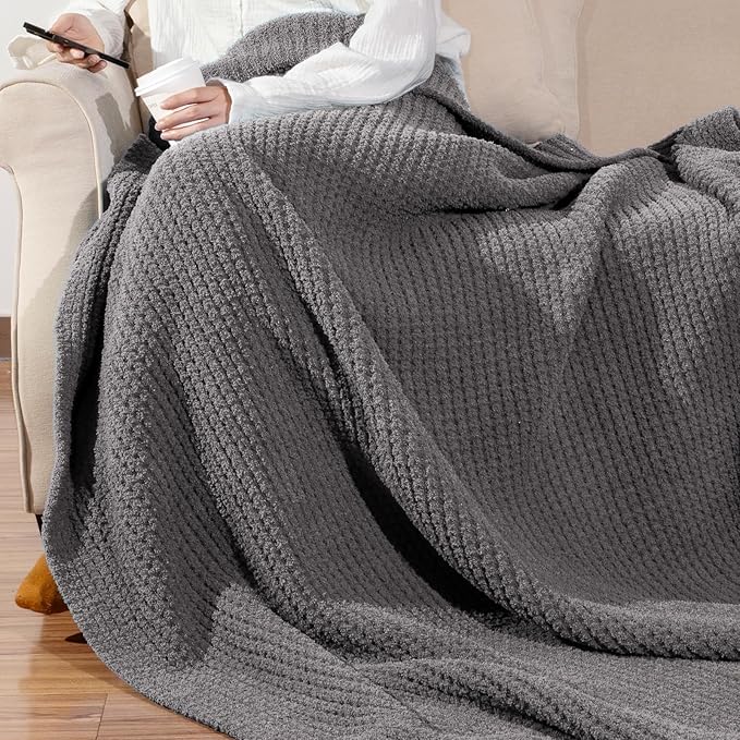 Waffle Knit Throw Blanket, Luxury Cozy Chunky Knit Throw Blanket for Couch, 50 x 60 Inch Thick Ultra-Soft Feather Yarn Knitted Blanket for Sofa, Bed, Home Decor - Grey