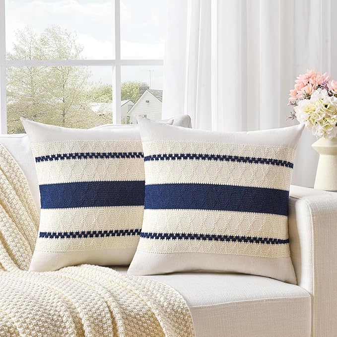 Fancy Homi Set of 2 Navy Blue Decorative Throw Pillow Covers 22x22 Inch for Couch Bed Sofa Living Room Office, Aesthetic Modern Organic Farmhouse Home Decor, Soft Cotton Woven Textured Cushion Case
